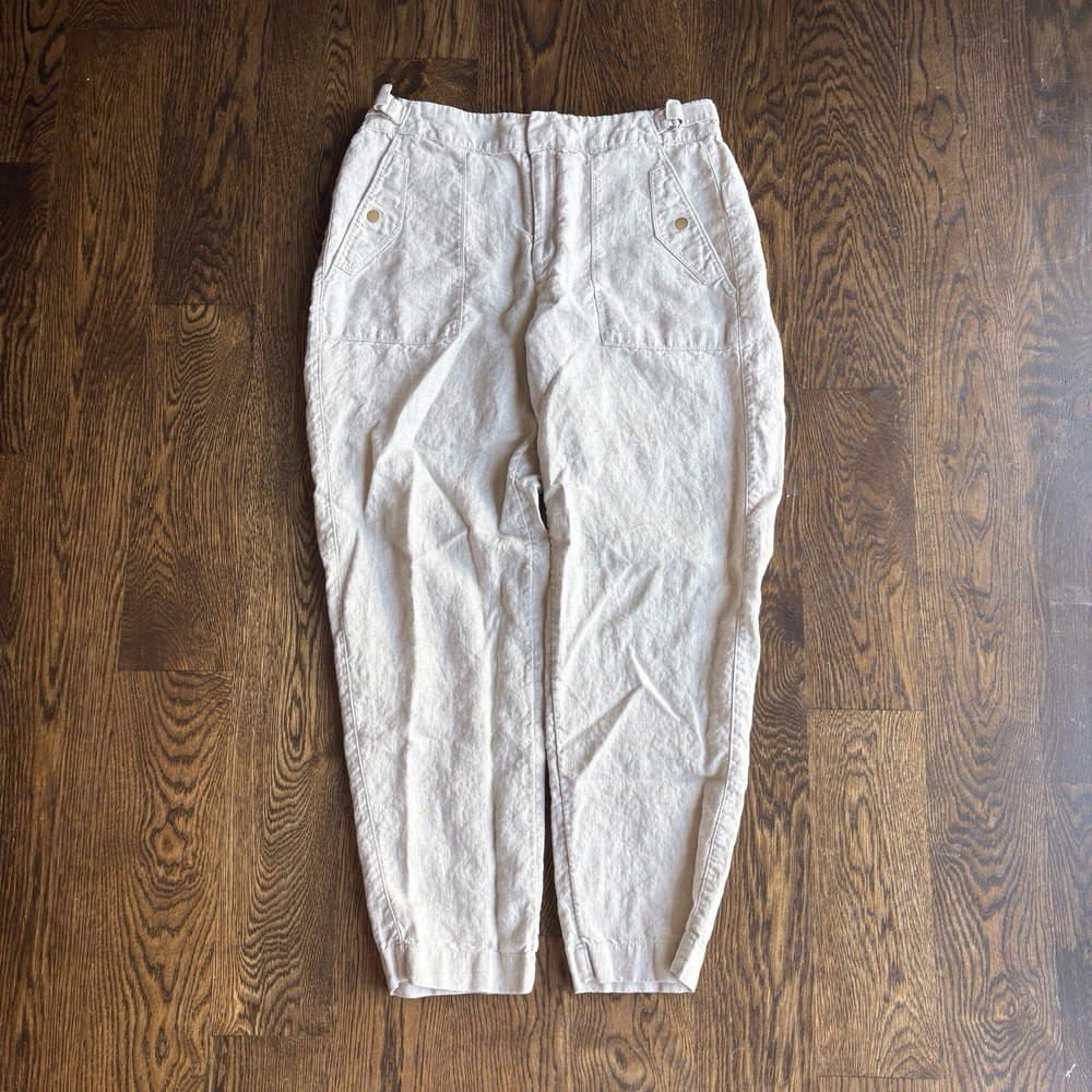 Athleta Beige 100% Linen Tapered Leg Trouser Pants High Rise Womens 14 T